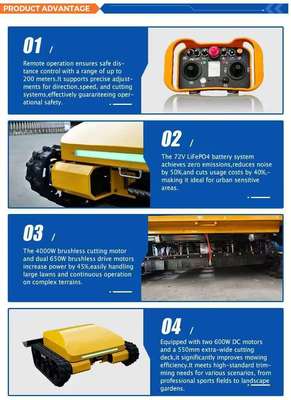 Cortador de grama robótico inteligente com controle remoto, com bateria de fosfato de ferro-lítio (LiFePO₄), tração nas quatro rodas, econômico e ecologicamente correto, e 3 horas de operação contínua.